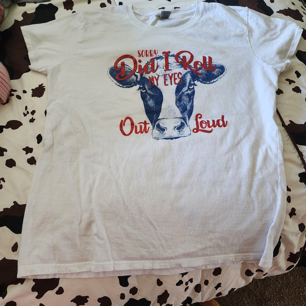 White Graphic Tee with Cow Print